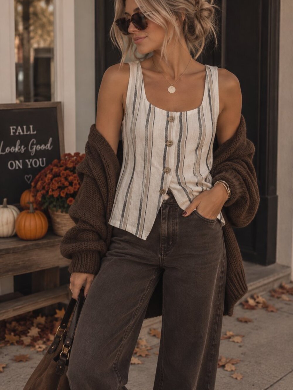 Morgan Taylor Linen Blend Striped Button Front Tank Top S Coastal Neutral Layer
